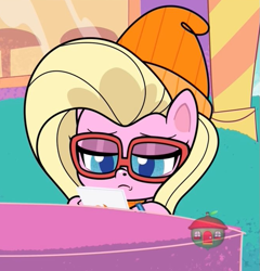 Size: 665x693 | Tagged: safe, screencap, buttershy, pegasus, pony, cute-pocalypse meow, g4.5, my little pony: pony life, beanie, female, glasses, hat, hipster, mare, solo, treehouse logo