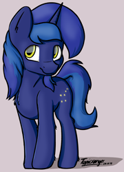 Size: 2016x2800 | Tagged: safe, artist:topicranger, oc, oc only, oc:banano, pony, unicorn, beige background, blue, blue mane, high res, looking up, simple background, simple shading, solo, standing, yellow eyes