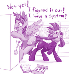 Size: 1280x1374 | Tagged: safe, artist:dstears, twilight sparkle, alicorn, pony, unicorn, g4, abacus, addiction, biting, casino, catsuit, clipboard, dialogue, digital art, dragging, eyepatch, female, future twilight, gambling, insanity, latex, mare, monochrome, newbie artist training grounds, pulling, self ponidox, slot machine, solid sparkle, spread wings, tail, tail bite, tail pull, twilight snapple, twilight sparkle (alicorn), twilynanas, unicorn twilight, wings