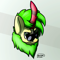 Size: 1875x1875 | Tagged: safe, artist:topicranger, oc, oc only, oc:lemon bass, kirin, pony, angry, green eyes, green mane, looking at you, signature, simple background, solo, sunglasses, yellow