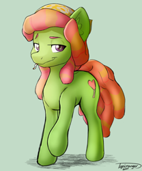 Size: 1884x2268 | Tagged: safe, artist:topicranger, tree hugger, pony, g4, bandana, cigarette, female, green background, green fur, headband, looking at you, signature, simple background, smiling, smiling at you, solo, standing