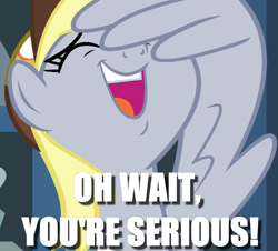 Size: 995x898 | Tagged: safe, edit, edited screencap, screencap, derpy hooves, pony, g4, my little pony best gift ever, caption, cropped, facewing, female, image macro, solo, text