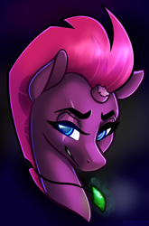Size: 2556x3862 | Tagged: safe, artist:topicranger, fizzlepop berrytwist, tempest shadow, pony, g4, amulet, blue eyes, broken horn, eyebrows, female, high res, horn, jewelry, necklace, scratches, seductive, seductive look, simple background, smug, solo
