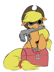 Size: 600x802 | Tagged: dead source, safe, artist:koportable, applejack, earth pony, pony, g4, applejack's hat, cowboy hat, crossover, engiejack, engineer, engineer (tf2), female, floppy ears, goggles, hat, mare, mouth hold, simple background, smiling, solo, team fortress 2, toolbox, white background, wrench