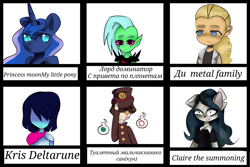 Size: 2304x1536 | Tagged: safe, artist:lunaiaiskra, princess luna, alicorn, human, anthro, g4, anthro with ponies, bust, clothes, crossover, cute, cyrillic, deltarune, ear fluff, female, hat, lunabetes, makeup, male, mare, running makeup, russian, six fanarts, solo, text, toilet-bound hanako-kun