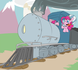 Size: 700x626 | Tagged: dead source, safe, artist:koportable, pinkie pie, earth pony, pony, g4, canterlot, conductor, conductor hat, female, leaning, locomotive, mare, open mouth, pinkie pie operating a locomotive, railroad, smiling, smoke, solo, steam engine, tongue out, train