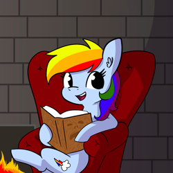 Size: 2250x2250 | Tagged: safe, artist:tjpones, rainbow dash, pegasus, pony, rainbow dash presents, g4, army of darkness, book, female, fire, fireplace, high res, mare, necronomicon, open mouth, solo, this will end in death