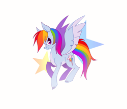 Size: 1280x1100 | Tagged: safe, artist:_psiionix_, rainbow dash, pegasus, pony, abstract background, colored hooves, female, leg fluff, mare, pale belly, profile, simple background, solo, stars, two toned wings, white background, wings