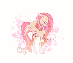 Size: 1280x1100 | Tagged: safe, artist:_psiionix_, fluttershy, pegasus, pony, g4, coat markings, colored hooves, dappled, female, floppy ears, looking at you, mare, one wing out, profile, raised hoof, simple background, smiling, solo, spread wings, standing, two toned wings, white background, wings