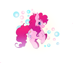Size: 1280x1100 | Tagged: safe, artist:_psiionix_, pinkie pie, earth pony, pony, bubble, chest fluff, coat markings, colored hooves, colored pupils, dappled, ear fluff, female, mare, profile, simple background, solo, white background