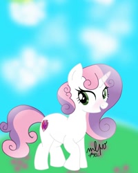 Size: 1080x1350 | Tagged: safe, artist:rinbow_dah, sweetie belle, pony, unicorn, g4, cloud, cute, cutie mark, diasweetes, eyelashes, female, filly, open mouth, signature, smiling, solo, the cmc's cutie marks