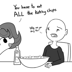 Size: 2250x2250 | Tagged: safe, artist:tjpones, oc, oc only, oc:brownie bun, oc:richard, earth pony, human, pony, horse wife, canada day, chips, crying, dialogue, female, food, high res, ketchup, male, mare, monochrome, open mouth, potato chips, pure unfiltered evil, sauce, simple background, white background, you have to eat all the eggs