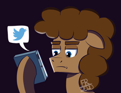 Size: 1687x1288 | Tagged: safe, artist:feralroku, oc, oc only, oc:strong runner, earth pony, pony, cellphone, floppy ears, frown, meta, phone, smartphone, solo, thick eyebrows, twitter, unamused