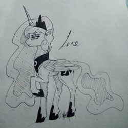 Size: 1080x1080 | Tagged: safe, artist:_.katrina_.dibujos, princess luna, alicorn, pony, g4, ethereal mane, female, grayscale, hoof shoes, jewelry, lineart, mare, monochrome, peytral, raised hoof, solo, starry mane, text, tiara, traditional art