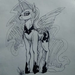 Size: 1080x1080 | Tagged: safe, artist:_.katrina_.dibujos, nightmare moon, alicorn, pony, ethereal mane, female, grayscale, helmet, hoof shoes, lineart, mare, monochrome, peytral, signature, solo, starry mane, traditional art