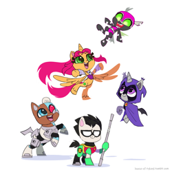 Size: 1280x1280 | Tagged: safe, artist:house-of-tykayl, alicorn, bat pony, bat pony alicorn, changeling, cyborg, earth pony, pony, g4.5, my little pony: pony life, bat wings, beanbrows, beast boy, boots, cape, changelingified, chibi, cloak, clothes, costume, crossover, cyborg (dc comics), eyebrows, female, flying, hood, horn, looking at you, male, mare, mask, open mouth, ponified, raven (dc comics), red eye, robin (dc comics), shoes, simple background, species swap, staff, stallion, starfire, superhero, teen titans, teen titans go, uniform, unshorn fetlocks, white background, wings