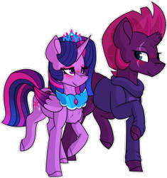 Size: 1015x1080 | Tagged: safe, artist:king-justin, tempest shadow, twilight sparkle, alicorn, pony, g4, blushing, clothes, colored wings, female, lesbian, ship:tempestlight, shipping, simple background, transparent background, twilight sparkle (alicorn), wings