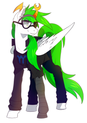 Size: 860x1221 | Tagged: safe, artist:raponee, oc, oc only, oc:emerald thunder, pegasus, pony, clothes, glasses, pegasus oc, simple background, solo, transparent background, wings