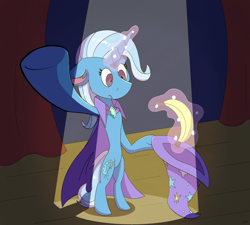 Size: 1734x1560 | Tagged: safe, artist:tigerett, trixie, pony, unicorn, g4, banana, bipedal, female, floppy ears, food, magic, magic trick, mare, solo, spotlight, stage, standing, surprised