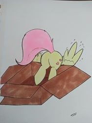 Size: 3072x4096 | Tagged: safe, artist:taurson, fluttershy, pegasus, pony, g4, box, butt, cute, female, flutterbox, mare, plot, pony in a box, shyabetes, simple background, solo, traditional art, wings