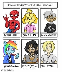 Size: 480x569 | Tagged: safe, artist:chano0.4, rainbow dash, dog, human, anthro, equestria girls, g4, animal crossing, ash lynx, banana fish, clothes, costume, crossed arms, crossover, danny phantom, devil horn (gesture), female, floating wings, isabelle, kid icarus, magnus, male, ponied up, six fanarts, smiling, spider-man, wings