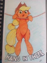 Size: 3072x4096 | Tagged: safe, artist:taurson, applejack, earth pony, pony, g4, atg 2020, cowboy hat, cute, female, hang in there, hanging, hat, jackabetes, mare, marker drawing, newbie artist training grounds, rope, solo, traditional art