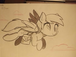 Size: 817x613 | Tagged: safe, artist:taurson, derpy hooves, pegasus, pony, g4, bag, cloud, cute, derpabetes, female, flying, mare, marker drawing, monochrome, saddle bag, solo, traditional art