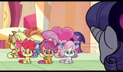 Size: 1024x600 | Tagged: safe, screencap, apple bloom, applejack, fluttershy, pinkie pie, rainbow dash, rarity, scootaloo, sweetie belle, twilight sparkle, alicorn, pegasus, pony, disappearing act, g4, g4.5, my little pony: pony life, 2020, applejack is not amused, cutie mark, cutie mark crusaders, female, filly, fluttershy is not amused, pinkie pie is not amused, rainbow dash is not amused, the cmc's cutie marks, twilight sparkle (alicorn), twilight sparkle is not amused, unamused