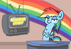 Size: 707x483 | Tagged: safe, artist:firenhooves, derpibooru exclusive, rainbow dash, pony, g4, celestia stuff, chest fluff, female, long dash, long pony, parody, rainbow, solo, television