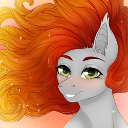 Size: 3096x3096 | Tagged: safe, artist:bellfa, oc, oc only, oc:bellfa, bat pony, pony, bat pony oc, bat wings, blushing, female, gradient hair, green eyes, high res, pony oc, red hair, simple background, smiling, wings