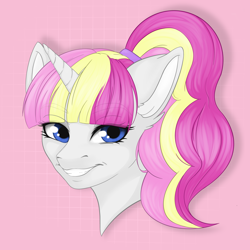 Size: 4050x4050 | Tagged: safe, artist:bellfa, oc, oc only, oc:only me, pony, unicorn, blue eyes, female, horn, original art, pink background, pink hair, simple background, smiling, sticker, three toned hair, white pony