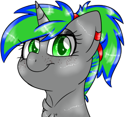Size: 1281x1200 | Tagged: safe, artist:songheartva, oc, oc only, oc:vivid glow, pony, unicorn, chest fluff, cute, ear piercing, female, freckles, gray, looking at you, makeup, mare, ocbetes, simple background, smiling at you, solo, transparent background