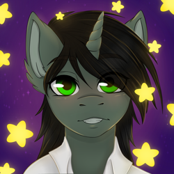 Size: 4050x4050 | Tagged: safe, artist:bellfa, part of a set, oc, oc only, oc:braunly, pony, unicorn, bathrobe, black hair, blushing, bust, clothes, commission, green eyes, horn, male, original art, robe, simple background, solo, stallion, stars, ych result
