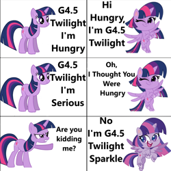 Size: 1440x1440 | Tagged: safe, artist:faze-alan-mskull2019, twilight sparkle, alicorn, earth pony, pony, unicorn, g4, g4.5, my little pony: pony life, asdfmovie, exploitable meme, female, generational ponidox, meme, old meme, paradox, parody, self ponidox, simple background, solo, tomska, trollight sparkle, twilight sparkle (alicorn), unicorn twilight, white background