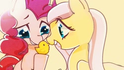 Size: 1551x872 | Tagged: safe, artist:tomizawa96, fluttershy, pinkie pie, earth pony, pegasus, pony, g4, bust, duckling, duo, female, hoof hold, looking at someone, mare, raised hoof, rubber duck, smiling