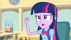 Size: 1904x1064 | Tagged: safe, screencap, carla jr., twilight sparkle, equestria girls, g4, my little pony equestria girls, background human, bag, bowtie, burger, cafeteria, canterlot high, chair, clothes, cropped, ear piercing, earring, female, food, french fries, fruit, hamburger, jewelry, piercing, pin, plate, sauce, stars, table