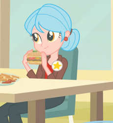 Size: 512x556 | Tagged: safe, screencap, carla jr., equestria girls, g4, my little pony equestria girls, background human, burger, cafeteria, canterlot high, chair, clothes, cropped, ear piercing, earring, female, food, french fries, hamburger, jewelry, pants, piercing, pin, plate, sauce, solo, stars, table