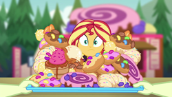Size: 1280x720 | Tagged: safe, screencap, sunset shimmer, human, equestria girls, g4, my little pony equestria girls: choose your own ending, wake up!, wake up!: pinkie pie, bread, candy, croissant, cute, donut, female, food, imminent consumption, imminent stuffing, junk food, pastries, pastry, shimmerbetes, solo, sweets, this will end in diabetes, this will end in tummy aches, this will end in weight gain, this will not end well