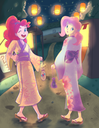 Size: 2550x3300 | Tagged: dead source, safe, artist:pettypop, fluttershy, pinkie pie, equestria girls, g4, clothes, duo, feet, festival, geta, high res, kimono (clothing), lantern, one eye closed, open mouth, sandals