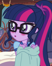 Size: 850x1078 | Tagged: safe, screencap, sci-twi, twilight sparkle, equestria girls, g4, my little pony equestria girls: legend of everfree, blurry, blushing, cropped, female, out of focus, solo