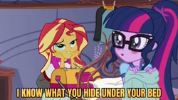 Size: 1920x1080 | Tagged: safe, edit, edited screencap, screencap, sci-twi, sunset shimmer, twilight sparkle, equestria girls, g4, my little pony equestria girls: legend of everfree, blushing, caption, duo, duo female, female, image macro, text