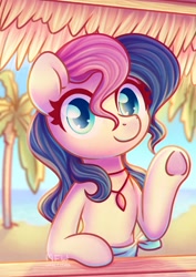 Size: 1600x2264 | Tagged: safe, artist:wavecipher, bon bon, sweetie drops, earth pony, pony, g4, adorabon, alternate hairstyle, beach, cute, female, jewelry, looking at you, mare, necklace, ocean, palm tree, smiling, solo, tree, underhoof, waving, wet mane