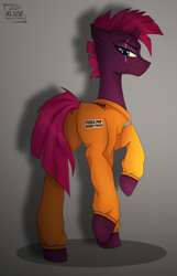 Size: 1928x3000 | Tagged: source needed, safe, artist:alicetriestodraw, tempest shadow, pony, unicorn, g4, my little pony: the movie, broken horn, butt, clothes, female, horn, plot, prison outfit, prisoner, scar