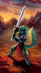 Size: 2100x3733 | Tagged: safe, artist:cygil, oc, oc only, oc:king regal, changeling, anthro, action pose, barbarian, changeling oc, dungeons and dragons, high res, looking at you, male, solo, sunset, sword, twilight (astronomy), weapon