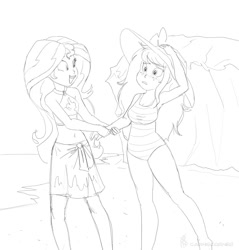 Size: 900x940 | Tagged: safe, artist:carnifex, sunset shimmer, wallflower blush, equestria girls, g4, beach, belly button, blushing, clothes, commission, female, hat, holding hands, lesbian, midriff, one-piece swimsuit, sarong, ship:wallset, shipping, sketch, sun hat, swimsuit