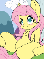 Size: 1536x2048 | Tagged: safe, artist:steelsoul, derpibooru exclusive, edit, fluttershy, pegasus, pony, semi-anthro, g4, blushing, butt, cheek fluff, chest fluff, colored pupils, cute, eyelashes, featureless crotch, female, flutterbutt, leg fluff, mane, mare, outdoors, plot, shyabetes, solo, spread legs, spreading, tail, tree