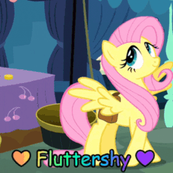 Size: 506x506 | Tagged: safe, edit, edited screencap, screencap, caboose, fluttershy, earth pony, pegasus, pony, g4, putting your hoof down, animated, caption, cute, female, gif, male, mare, shyabetes, solo focus, stallion