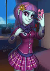 Size: 1860x2631 | Tagged: safe, artist:gabbslines, sunny flare, equestria girls, g4, my little pony equestria girls: friendship games, cellphone, clothes, commission, crystal prep academy uniform, female, high res, looking at you, phone, school uniform, selfie, smartphone, smiling, solo, sunny flare's wrist devices