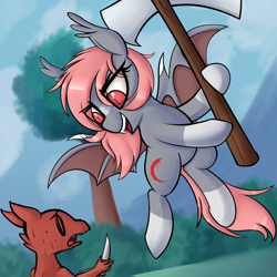 Size: 1800x1800 | Tagged: safe, artist:illusion, oc, oc:crimson soul, bat pony, kobold, pony, axe, barbarian, bat pony oc, bat wings, dungeons and dragons, fight, flying, knife, open mouth, pen and paper rpg, rpg, weapon, wings