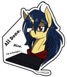 Size: 780x900 | Tagged: safe, artist:thattagen, oc, oc only, oc:furikake, pony, unicorn, female, glasses, graphics tablet, simple background, solo, sticker, transparent background